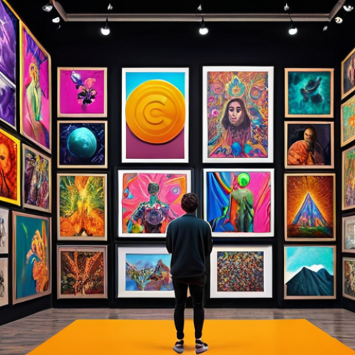 Home 11 **A vibrant digital art gallery showcasing unique NFT artworks. Focus on colorful and dynamic pieces, with a diverse audience browsing and interacting. The overall feel should be innovative and future-forward, hinting at the financial opportunities within the crypto art world.**