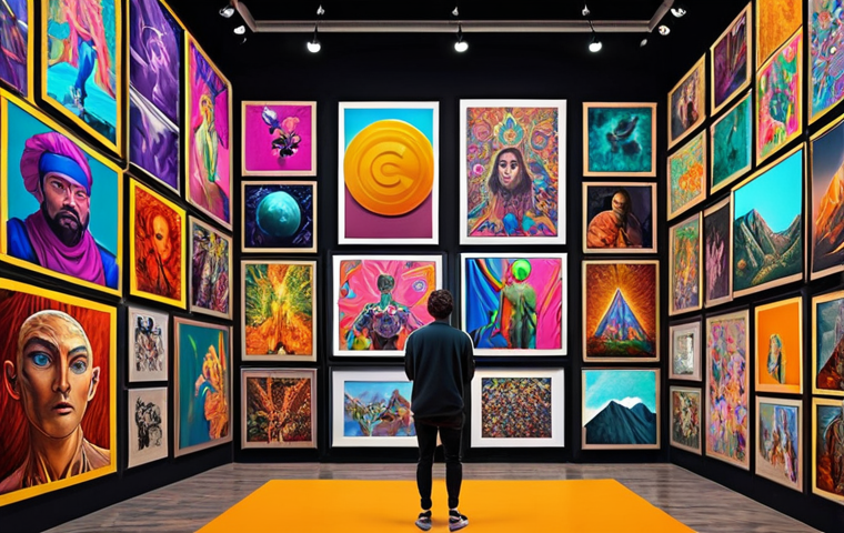 **A vibrant digital art gallery showcasing unique NFT artworks. Focus on colorful and dynamic pieces, with a diverse audience browsing and interacting. The overall feel should be innovative and future-forward, hinting at the financial opportunities within the crypto art world.**