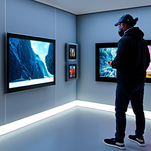 Home 18 **
"A vibrant digital art exhibition, showcasing a diverse range of artworks on virtual walls within a 3D gallery space. The scene should be well-lit with artfully placed spotlights, highlighting the details of each piece. Viewers, represented by avatars, are navigating the space, some engaging with interactive displays. The overall atmosphere is professional and inviting. Safe for work, appropriate content, fully clothed avatars, perfect anatomy, natural proportions, professional digital rendering, high quality."
**