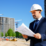 아트스테이션 활용법 - ** A professional architect, fully clothed in appropriate business attire, reviewing blueprints on a...